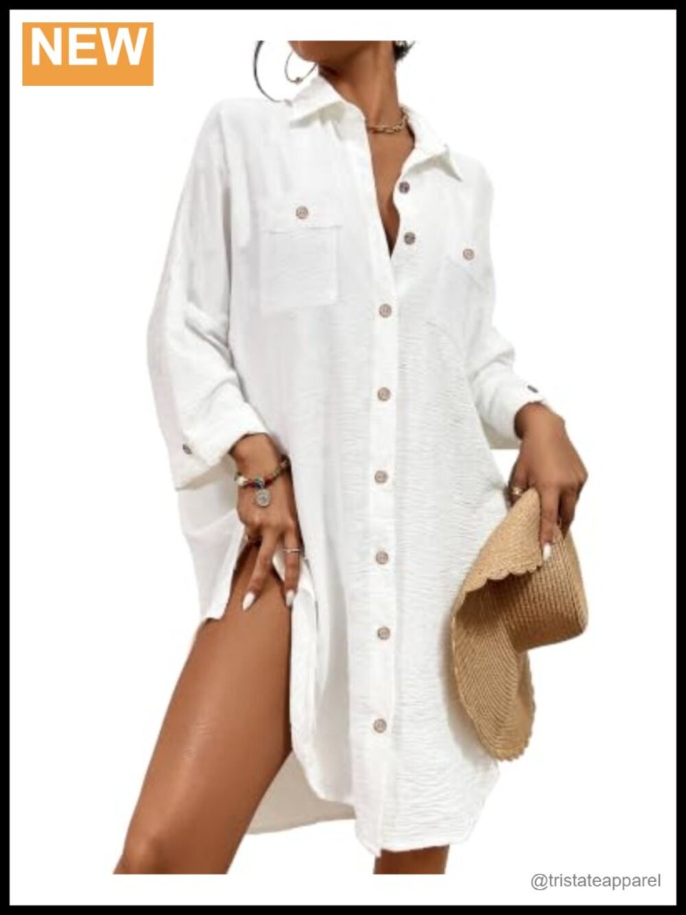 Women's Beach Cover Up Button Down Shirt Dress Lightweight Loose 3/4 Sleeve